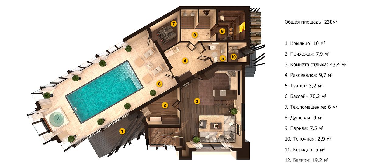 План двухэтажной бани «Дианта» 21,8x13,9 метров под ключ